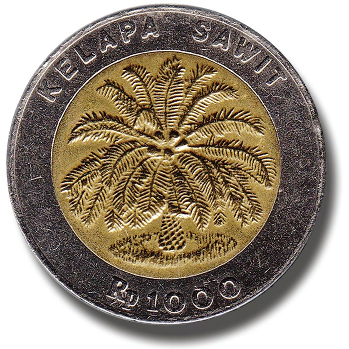 Uang logam Rp 1.000 bergambar kelapa sawit. Tahun emisi 1993 Uang logam Rp 1.000 bergambar kelapa sawit. Tahun emisi 1993