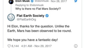 Kegelisahan Elon Musk yang sedang berusaha membangun koloni di Mars. Kok nggak ada organisasi yang mendukung bahwa Mars itu datar? Foto: Twitter/@elonmusk