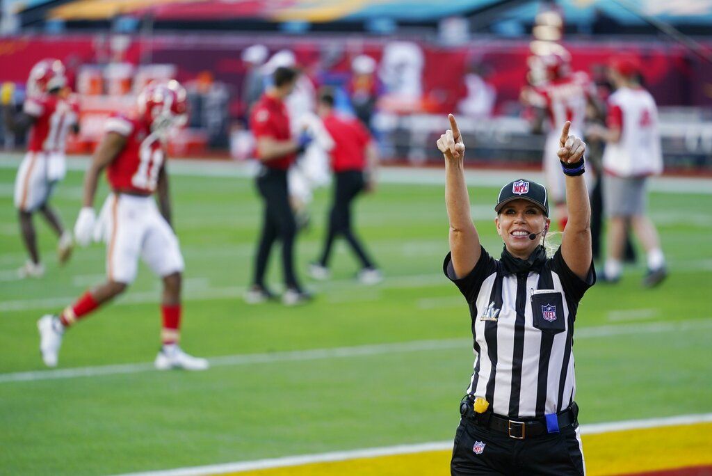 Chiefs Buccaneers Super Bowl Football Down judge Sarah Thomas (53) poses for a photo prior to the NFL Super Bowl 55 football game between the Kansas City Chiefs and the Tampa Bay Buccaneers, Sunday, Feb. 7, 2021, in Tampa, Fla. (Ben Liebenberg via AP)