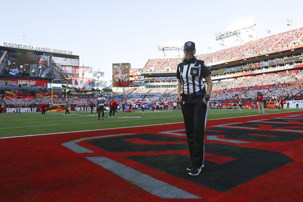 Down judge Sarah Thomas (53) poses for a photo prior to the NFL Super Bowl 55 football game between the Kansas City Chiefs and the Tampa Bay Buccaneers, Sunday, Feb. 7, 2021, in Tampa, Fla. (Ben Liebenberg via AP)