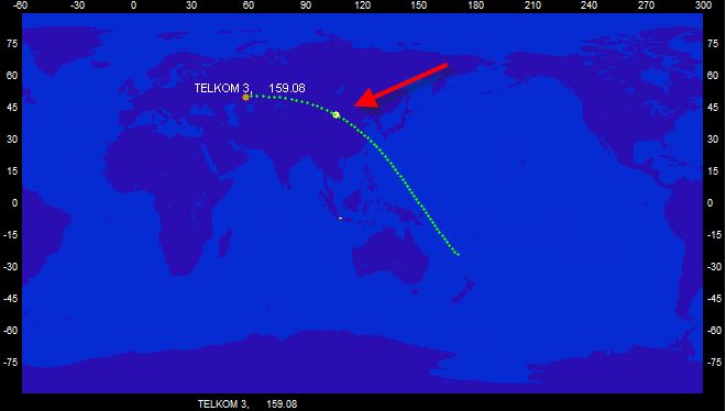 Jalur lintasan perkiraan jatuhnya satelit Telkom-3 di wilayah Mongolia.