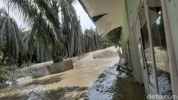 Semburan gas bercampur lumpur di Ponpes Al Ihsan Pekanbaru masih terjadi. Warga dilarang masuk ke area ponpes karena berbahaya (Raja Adil/detikcom)