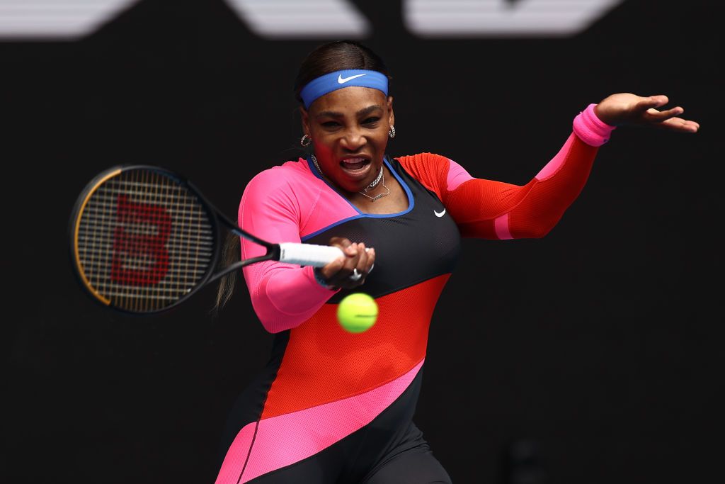 MELBOURNE, AUSTRALIA - FEBRUARY 08: Serena Williams of The United States of America plays a forehand in her Women's Singles first round match against Laura Siegemund of Germany during day one of the 2021 Australian Open at Melbourne Park on February 08, 2021 in Melbourne, Australia. (Photo by Cameron Spencer/Getty Images)
