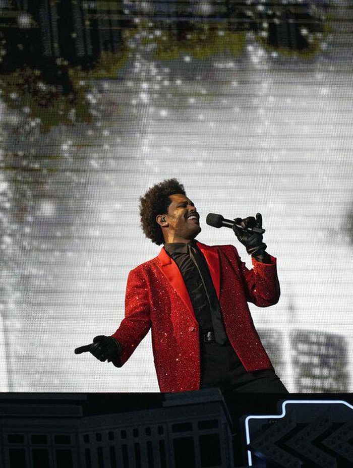 The Weeknd performs during the halftime show of the NFL Super Bowl 55 football game between the Kansas City Chiefs and Tampa Bay Buccaneers, Sunday, Feb. 7, 2021, in Tampa, Fla. (AP Photo/David J. Phillip)