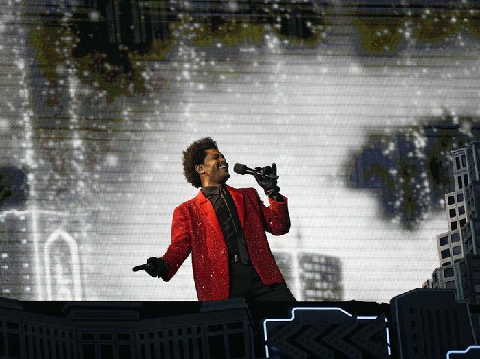 The Weeknd performs during the halftime show of the NFL Super Bowl 55 football game between the Kansas City Chiefs and Tampa Bay Buccaneers, Sunday, Feb. 7, 2021, in Tampa, Fla. (AP Photo/David J. Phillip)