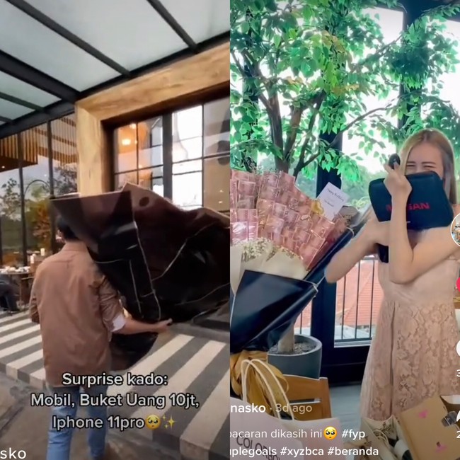 Ceritanya lagi ngafe sama temen lama ku, tanggal 28 Januari 2021. Sedangkan ulang tahunku 25 Januari. Jadi aku nggak expect bakal dikasih kejutan karena udah lewat tanggalnya. Ternyata temenku yang aku ajak nongkrong udah kongkalingkong sama pacarku. Ada lima orang yangg kasih kejutan waktu itu, pacarku ngajak temennya yang juga temenku, ungkap Tunas haru. Foto: Tangkap Layar TikTok @tunasko