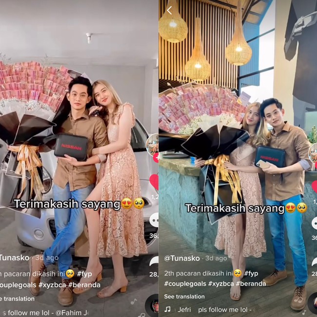 Tunas dan Hadiyan sudah pacaran sejak akhir 2018. Wanita yang mempunyai bisnis skincare, jasa travel dan jual beli mobil itu mengaku kerap mendapatkan kado spesial secara tiba-tiba oleh pacarnya. Dia sering kejutan gitu, karena dia gemes aku nggak pernah minta apa-apa malah dia beli-beliin. Traveling bareng, tas, macam-macam perhiasan, boneka, apalagi ya sampe lupa, dia sering juga ajak-ajak dinner. Romantis sih dia, jelasnya. Foto: Tangkap Layar TikTok @tunasko.