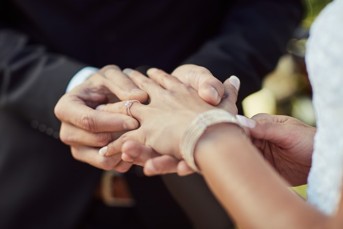 Cropped shot of a couple exchanging rings on their wedding day