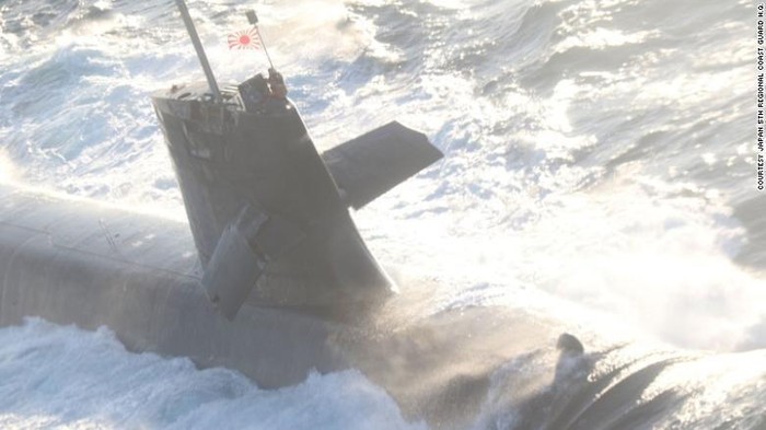 The Japan Maritime Self-Defense Force submarine Soryu is seen in the Pacific Ocean after colliding with a commercial ship on Monday. Damage can be seen to the planes on the subs mast