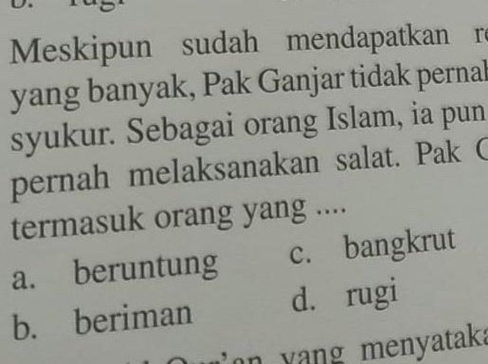 Soal di buku pelajaran sebut Ganjar tidak pernah bersyukur, Selasa (9/2/2021).