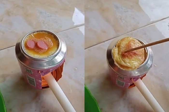 masak telur pakai kaleng minuman dan lilin