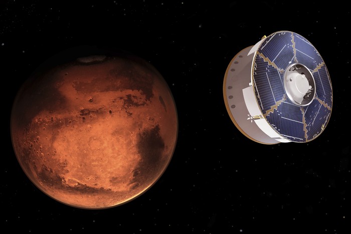 This illustration provided by NASA depicts the Mars 2020 spacecraft carrying the Perseverance rover as it approaches Mars. Perseverance’s $3 billion mission is the first leg in a U.S.-European effort to bring Mars samples to Earth in the next decade.