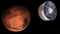 This illustration provided by NASA depicts the Mars 2020 spacecraft carrying the Perseverance rover as it approaches Mars. Perseverance’s $3 billion mission is the first leg in a U.S.-European effort to bring Mars samples to Earth in the next decade.