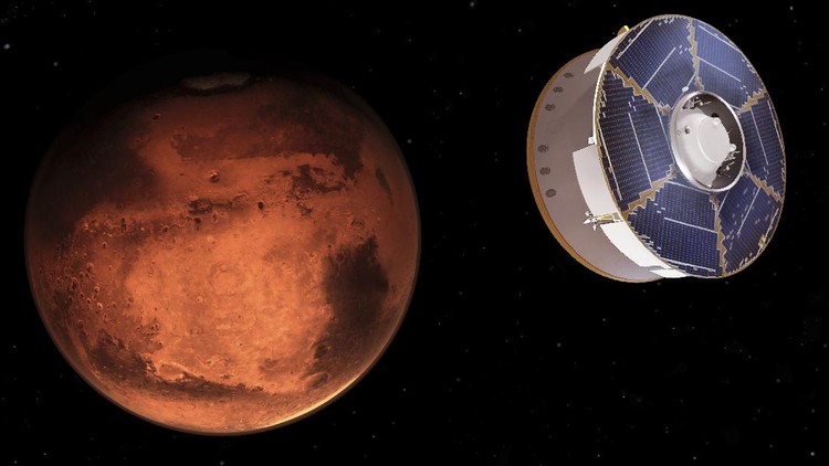 This illustration provided by NASA depicts the Mars 2020 spacecraft carrying the Perseverance rover as it approaches Mars. Perseverance’s $3 billion mission is the first leg in a U.S.-European effort to bring Mars samples to Earth in the next decade.
