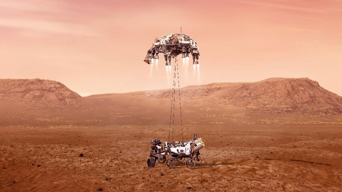 This illustration provided by NASA depicts the Mars 2020 spacecraft carrying the Perseverance rover as it approaches Mars. Perseverance’s $3 billion mission is the first leg in a U.S.-European effort to bring Mars samples to Earth in the next decade.