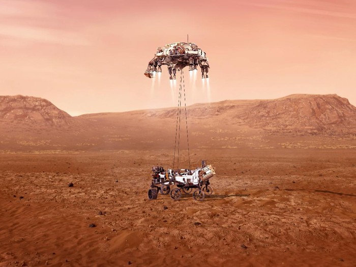 This illustration provided by NASA depicts the Mars 2020 spacecraft carrying the Perseverance rover as it approaches Mars. Perseverance’s $3 billion mission is the first leg in a U.S.-European effort to bring Mars samples to Earth in the next decade.