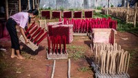 Dengan kaki telanjang sedikit kotor bergantian menapaki tanah yang masih basah sisa hujan tadi malam. Merah merona menjadi pemandangan yang kontras di atas rumput hijau tempat hio dijemur.  