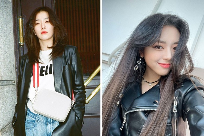 Outfit berbahan kulit menjadi andalan gaya idol KPop dari tahun ke tahun. Seulgi Red Velvet memilih blazer berbahan kulit untuk dipadukan dengan sweater putih. Sementara, Yuna ITZY tampil bold dalam jaket bikers dengan aksesori choker dan anting rantai. Foto: Instagram