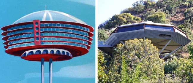 The Skypad Apartments ini terinspirasi dari sebuah bangunan yang telah dibangun pada tahun 1960an. Bangunan tersebut bernama Chemosphere yang cukup terkenal di Los Angeles, Amerika Serikat. Foto: @The Jetsons / Hanna-Barbera / @CDernbach / Wikimedia Commons