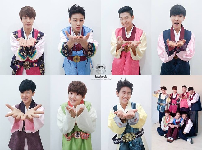 Para member BTS kenakan hanbok warna-warni saat perayaan Imlek tahun 2014. Mereka juga mengunggah video “Hanbok dance time” di YouTube BANGTANTV.Foto: Dok. BigHit Entertainment