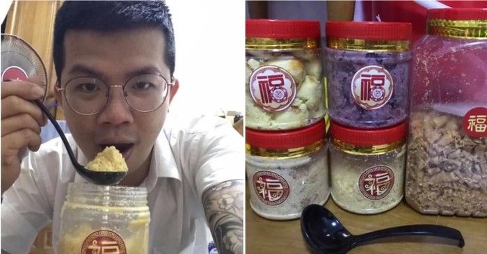 makan kue imlek pakai sendok besar