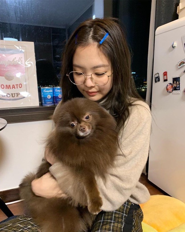 Jennie BLACKPINK memiliki dua anjing bernama Kai dan Kuma. Dalam foto ini, Jennie berpose dengan Kumam anjing pomeranian coklat yang pernah muncul di siaran ulang BLACKPINK dan ‘menarikan’ lagu Boombayah versi Lisa BLACKPINK, “Kumayah”.  Aksinya sungguh menggemaskan. Foto: Dok. Instagram