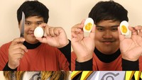 Mata Naruto yang bagian tengahnya berwarna kekuningan diwujudkan Anucha dengan potongan telur rebus. Keren kan hasilnya? Foto: Instagram lowcostcosplayth