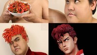 Di tangah Anucha, cabai bukan hanya jadi bumbu dapur, melainkan juga rambut berwarna merah. Kok bisa nempel sempurna gitu ya cabainya? Foto: Instagram lowcostcosplayth