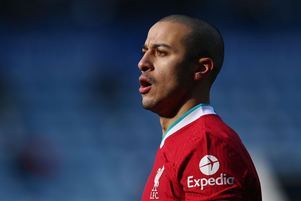 Thiago Alcantara LEICESTER, ENGLAND - FEBRUARY 13: Thiago Alcantara of Liverpool looks on during the Premier League match between Leicester City and Liverpool at The King Power Stadium on February 13, 2021 in Leicester, England. Sporting stadiums around the UK remain under strict restrictions due to the Coronavirus Pandemic as Government social distancing laws prohibit fans inside venues resulting in games being played behind closed doors. (Photo by Michael Regan/Getty Images)