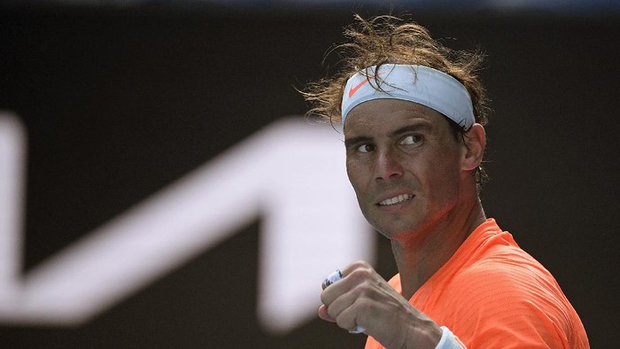 Spains Rafael Nadal celebrates after defeating Italys Fabio Fognini in their fourth round match at the Australian Open tennis championship in Melbourne, Australia, Monday, Feb. 15, 2021.(AP Photo/Andy Brownbill)