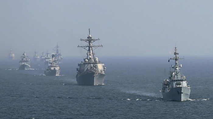 A warship of the U.S. takes part in the “Aman” or peace exercise in the Arabian Sea, off Karachi, Pakistan, Monday, Feb. 15, 2021. Warships over 40 countries including the United States, Russia, Britain and China are participating a five-day multinational exercise hosted by Pakistan Navy in the Arabian Sea as part of Islamabads years-long effort to bring security to the area, Pakistan navy said. (AP Photo/Mohammad Farooq)