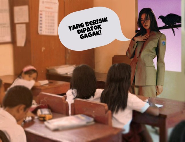 Memakai baju mirip seragam PNS, Seulgi Red Velvet diedit jadi meme berprofesi sebagai guru sekolah dasar. Ini penampakan Seulgi Red Velvet saat bersama murid-muridnya di kelas. Foto: Twitter @ter_jjang