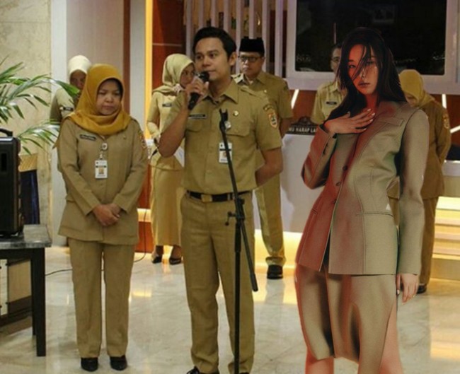 Berdiri di antara barisan guru, Seulgi Red Velvet terlihat stand out. Sebab name tag-nya ketinggalan di rumah. Foto: Twitter @pyakhun