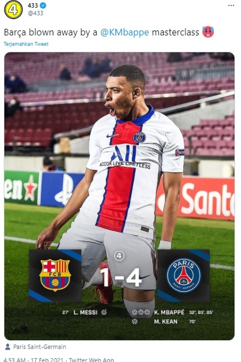 Barcelona kalah telak 1-4 dari PSG dalam lanjutan leg pertama 16 besar Liga Champions.