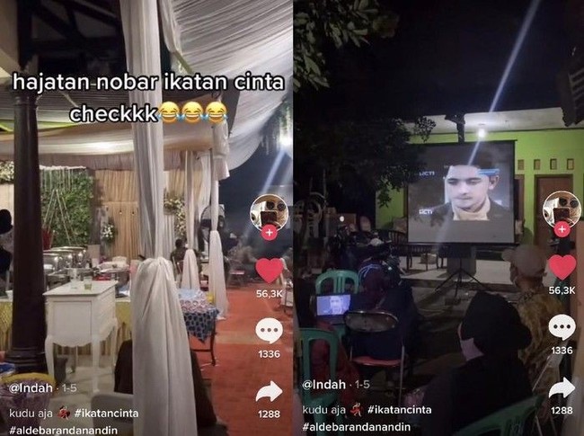 Definisi fans garis kerasnya Ikatan Cinta nih. Sekalipun di nikahan, tetap ada nobar Ikatan Cinta supaya nggak ketinggalan episodenya. Foto: Tiktok.com/sthafifa18