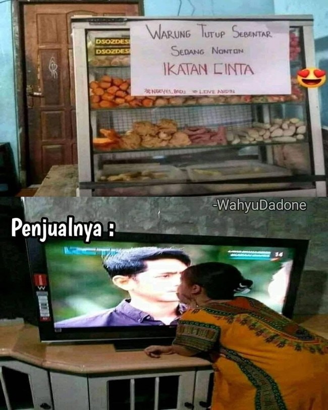 Definisi emak-emak yang tergila-gila sama sinetron Ikatan Cinta nih. Sampe rela tutup toko terus nontonnya sampe di depan TV banget. Hati-hati deh matanya rusak. Ada yang punya ibu kayak gini juga? Foto: Instagram.com/whyudadonee