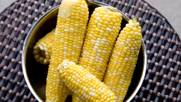 Closeup image of a woman holding and showing sweet corn