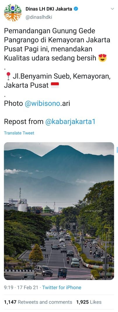 Screenshot Twitter Dinas LH DKI yang menampilkan foto karya Ari Wibisono