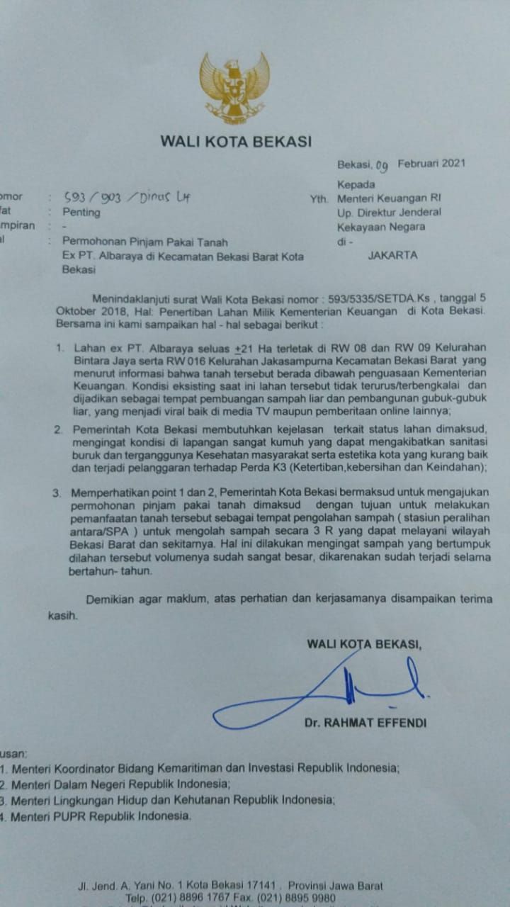 Surat Wali Kota Bekasi ke Menkeu dan DJKN untuk minta izin menjadikan lahan sampah selapangan bola menjadi TPS. (Dok Pemkot Bekasi)