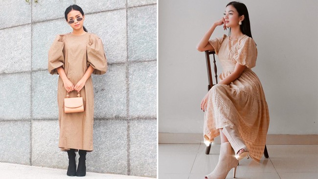 Gaya Glenca Chysara dan Ayya Renita yang menggunakan dress warna khaki. Kedua wanita ini menggunakan sepatu model boots.  Foto: Instagram