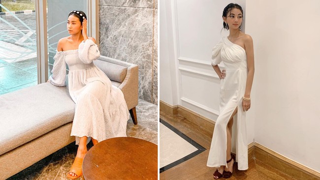 Ketika kedua pemeran pendukung Ikatan Cinta ini bergaya seksi dengan dress putih. Glenca Chysara yang menjadi adik Amanda Manopo di Ikatan Cinta menggunakan dress putih berpotongan one-shoulder, dan Ayya Renita yang berperan sebagai ART menggunakan dress off-shoulder.  Foto: Instagram
