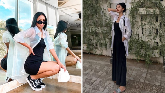 Sama-sama memakai kemeja oversized. Bedanya Ayya Renita yang berperan sebagai Kiki di sinetron Ikatan Cinta menggabungkan kemeja oversized dengan mini dress. Sementara Glenca Chysara sebagai Elsa memadankan kemeja oversized putihnya dengan kaus dan celana hitam.  Foto: Instagram