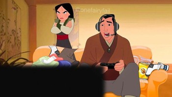 Mulan sebel Li Shang kebanyakan main game. Foto: instagram.com/onefairyfail/