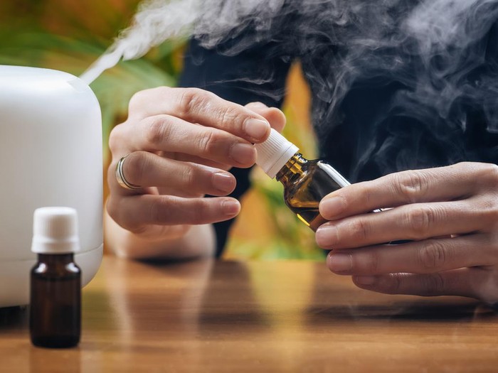 Perbedaan Diffuser, Humidifier, dan Purifier Woman Enjoying Aroma Therapy Steam Scent from Home Essential Oil Diffuser or Air Humidifier. Ultrasonic technology, increasing air humidity indoors for more comfortable living conditions