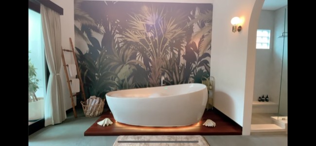 Salah satu bagian penting di kamar mandi ini adalah sebuah bathtub putih. Bathtub pintar bermerek Toto ini dilengkapi berbagai fitur, salah satunya mode eco-friendly untuk menghemat penggunaan air. (Foto: Instagram/@Raissa6690)