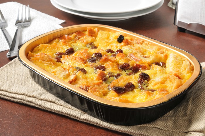 A serving dish of delicious bread pudding