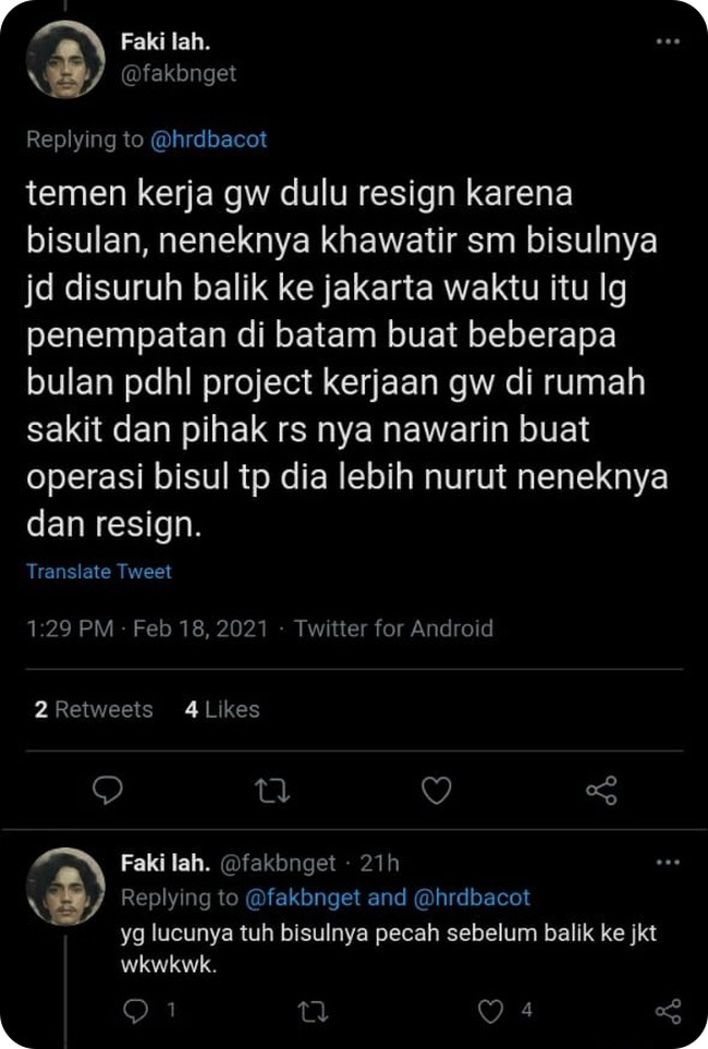Definisi anak yang nurut sama orang tua nih. Saking nurutnya sampai rela resign dari kerjaan supaya bisulnya bisa cepat sembuh diobatin sama neneknya. Foto: Twitter/@fakbnget