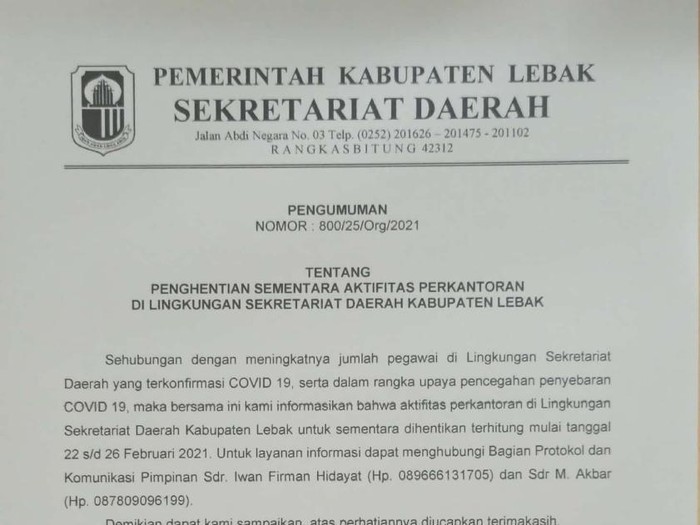 Kantor Pemkab Lebak tutup sementara karena 25 pns positif, 22 feb 2021