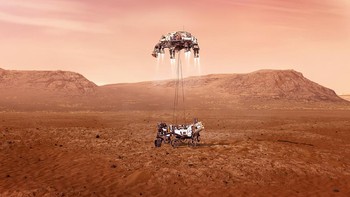 Menjelang pendaratan, akan difungsikan semacam derek udara, yang akan menurunkan Perseverance dengan kabel. Foto: NASA