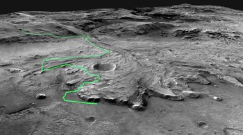 Jezero Crater dipilih sebagai tempat pendaratan. NASA memilihnya lantaran dianggap sebagai lanskap paling menarik dari sisi ilmiah. Ada kemungkinan Jezero Crater dulu adalah delta sungai, di mana molekul organik kuno dan tanda kehidupan mikroba mungkin tersimpan dari miliaran tahun silam. Foto: NASA